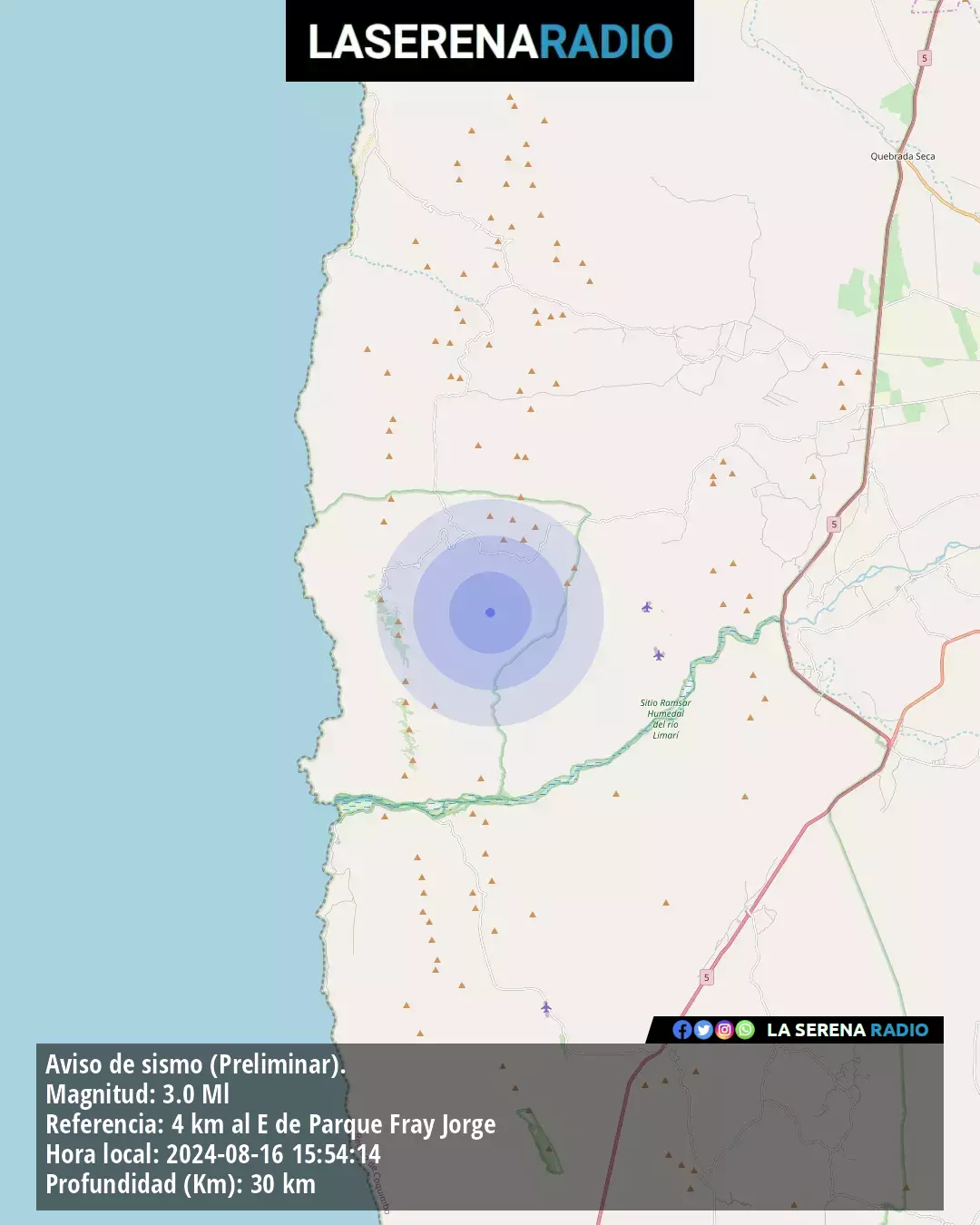 Sismo de menor intensidad a 4 kilómetros al este de Parque Fray Jorge