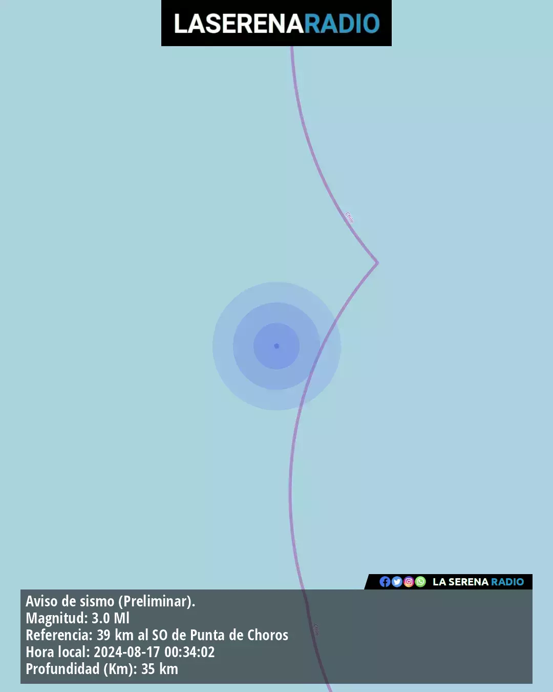 Sismo de menor intensidad a 39 kilómetros al suroeste de Punta de Choros