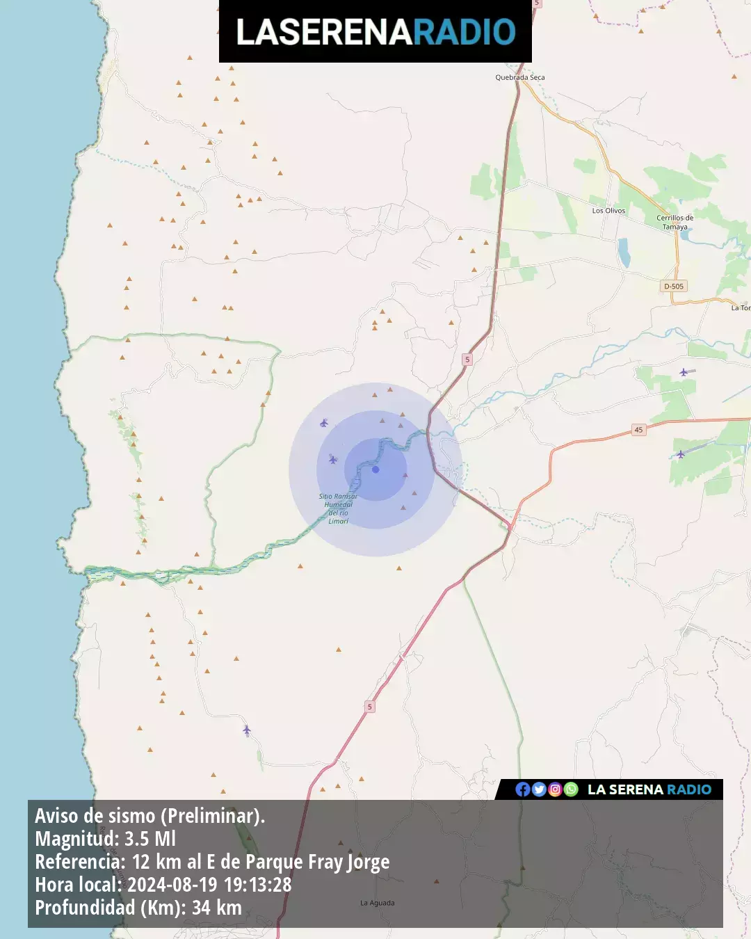 Sismo de menor intensidad a 12 kilómetros al este de Parque Fray Jorge