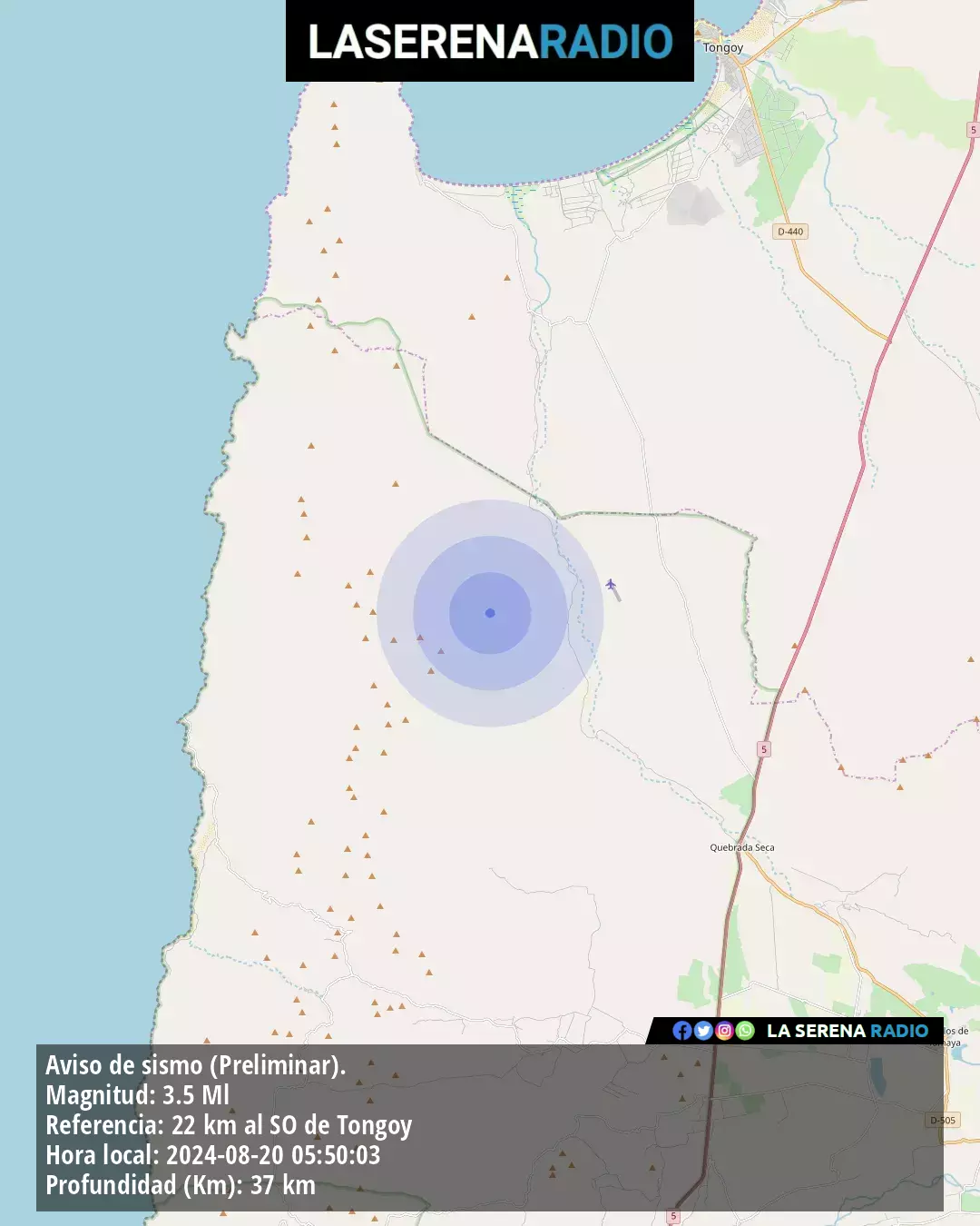 Sismo de menor intensidad a 22 kilómetros al suroeste de Tongoy