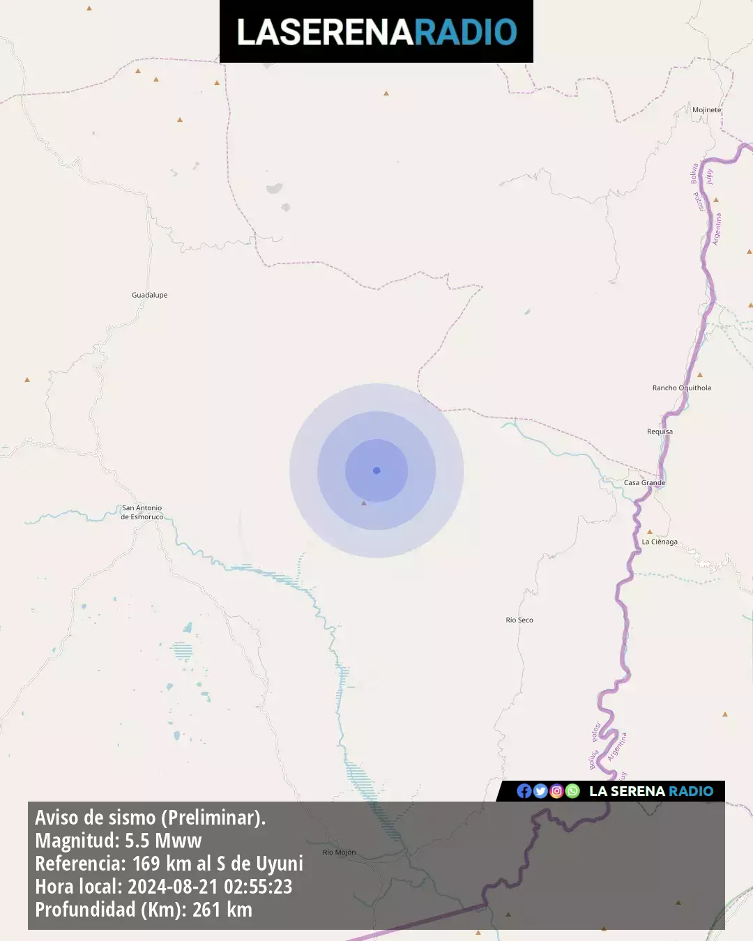 Sismo de mediana intensidad a 169 kilómetros al sur de Uyuni