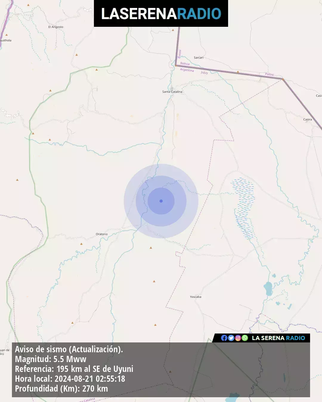 Sismo de mediana intensidad a 195 kilómetros al sureste de Uyuni