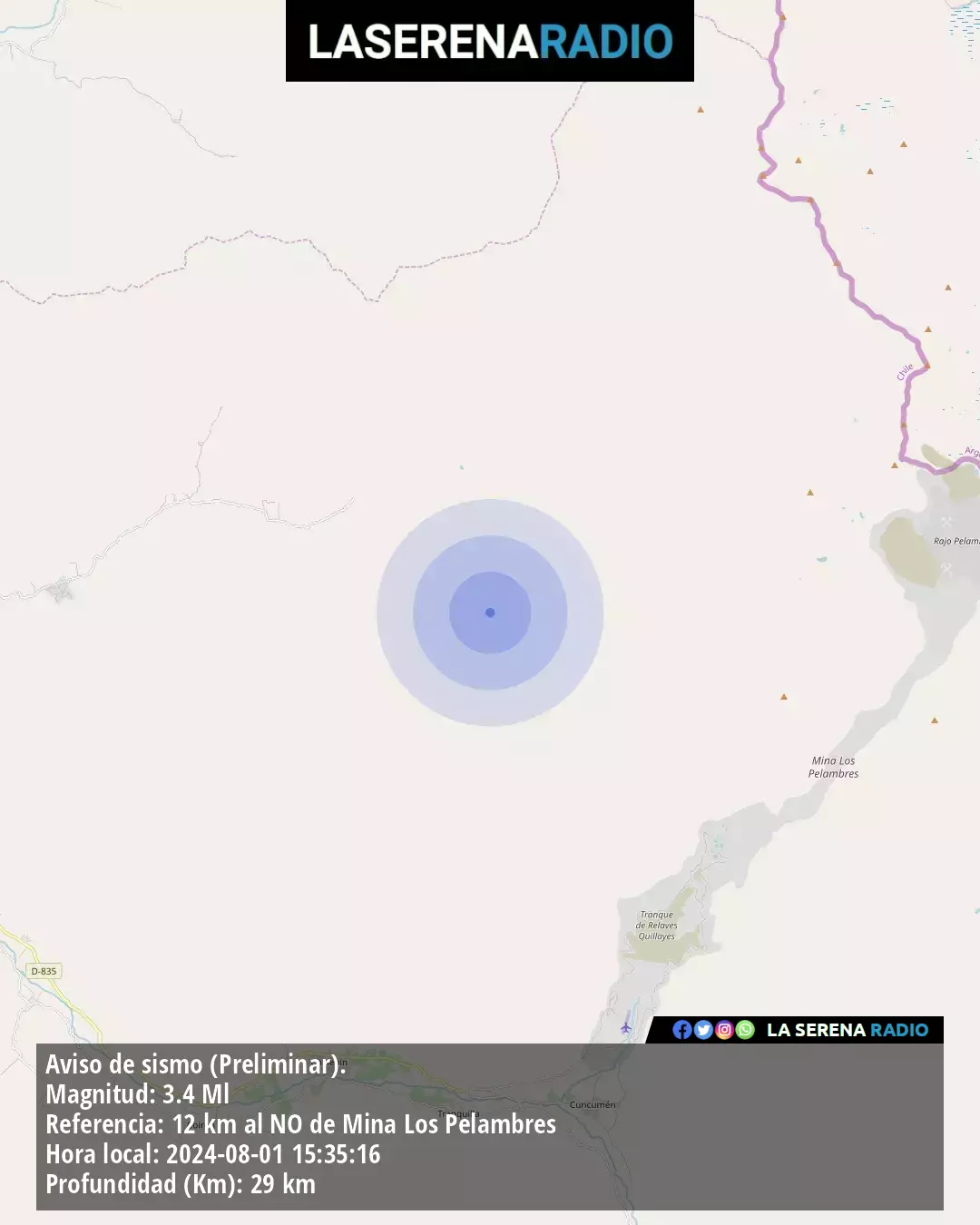 Sismo de menor intensidad a 12 kilómetros al noroeste de Mina Los Pelambres