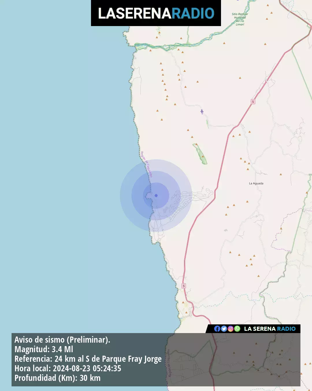 Sismo de menor intensidad a 24 kilómetros al sur de Parque Fray Jorge