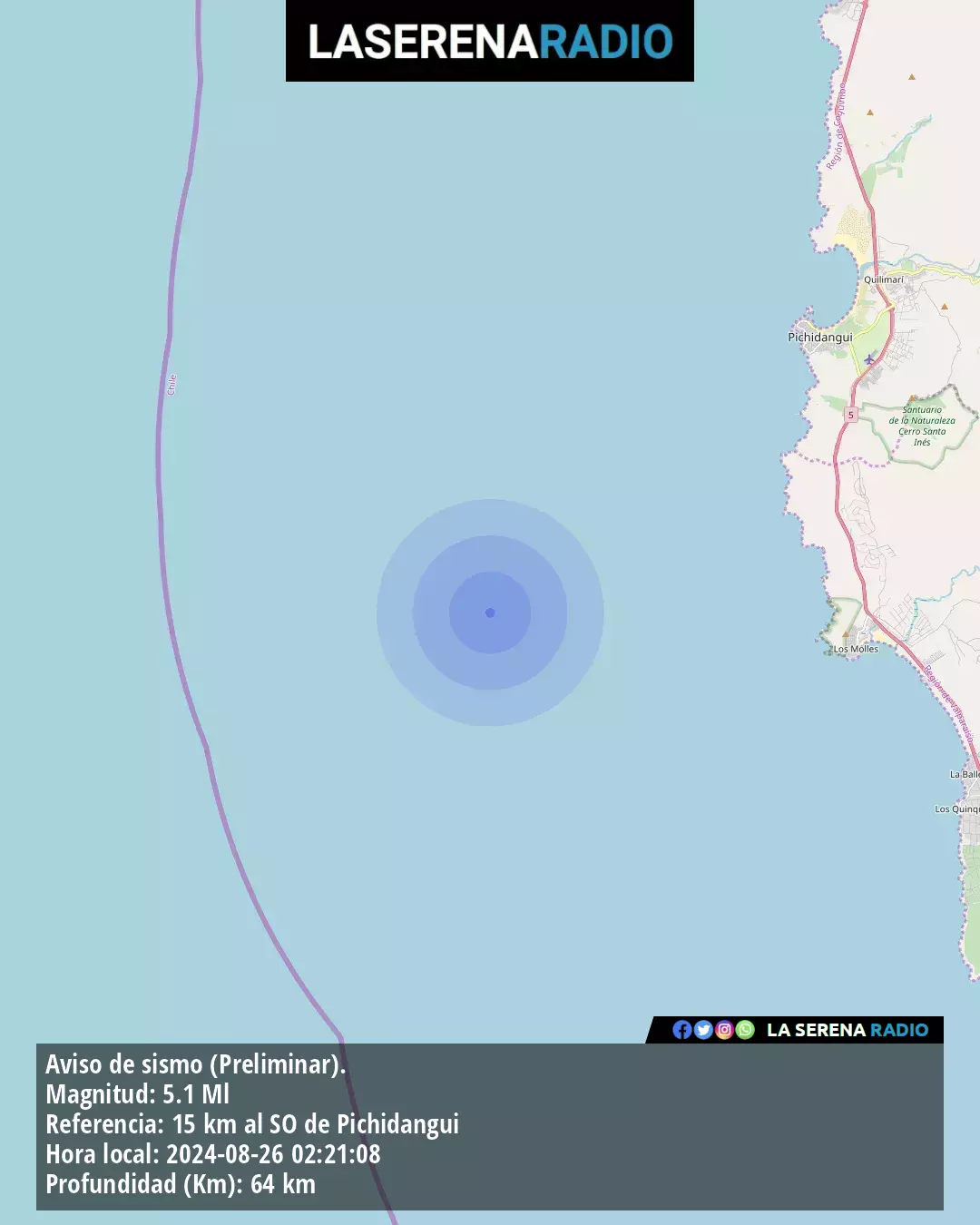 Sismo de mediana intensidad a 15 kilómetros al suroeste de Pichidangui