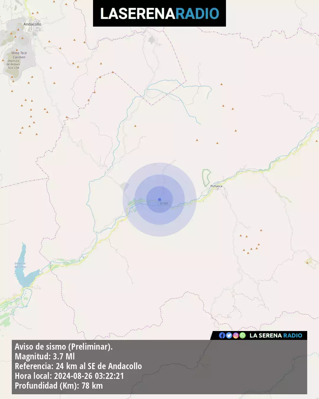 Sismo de menor intensidad a 24 kilómetros al sureste de Andacollo