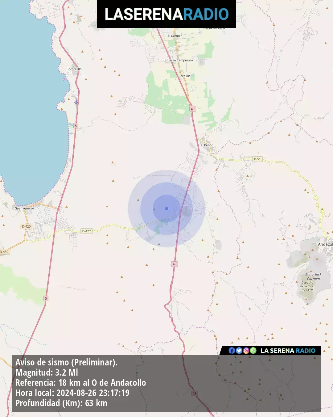 Sismo de menor intensidad a 18 kilómetros al oeste de Andacollo