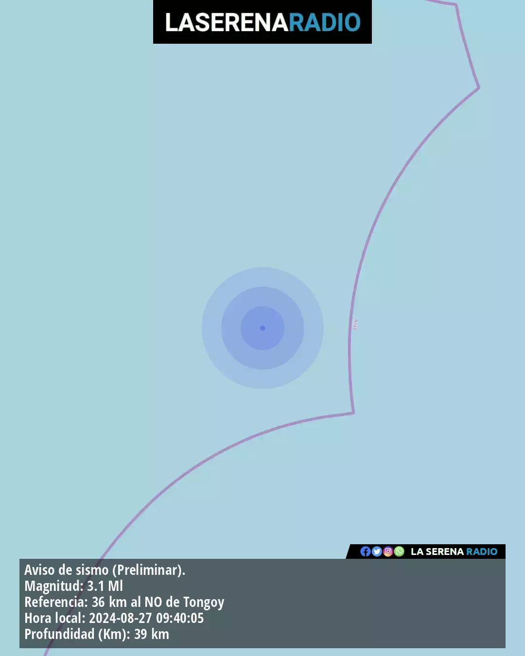 Sismo de menor intensidad a 36 kilómetros al noroeste de Tongoy