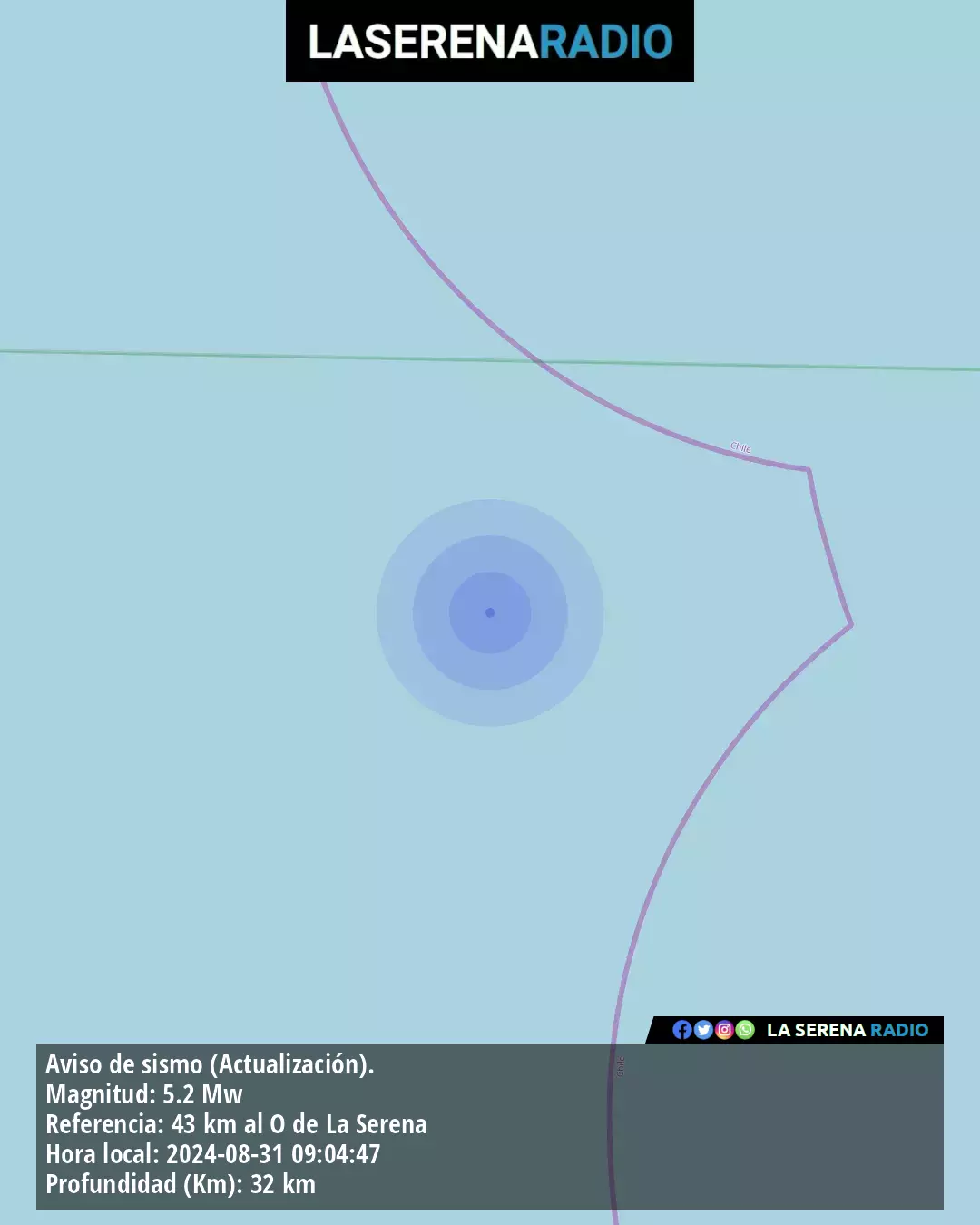 Sismo de mediana intensidad a 43 kilómetros al oeste de La Serena