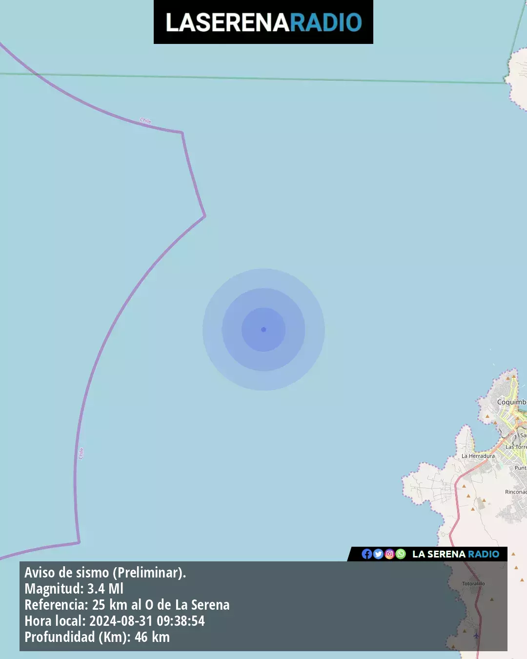 Sismo de menor intensidad a 25 kilómetros al oeste de La Serena