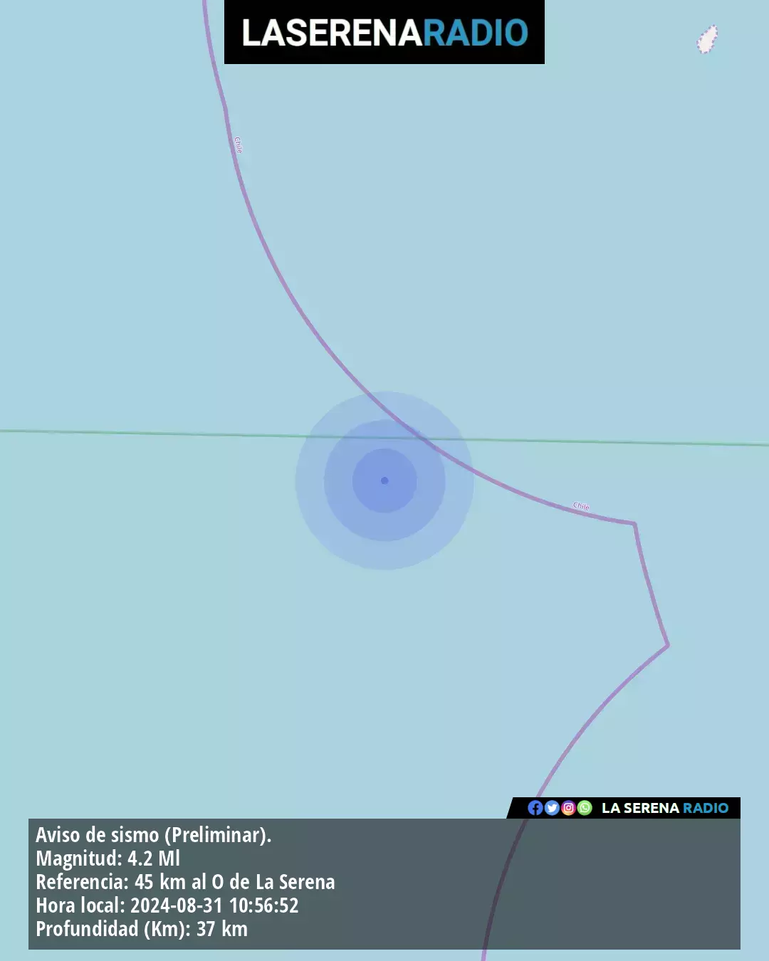 Sismo de mediana intensidad a 45 kilómetros al oeste de La Serena