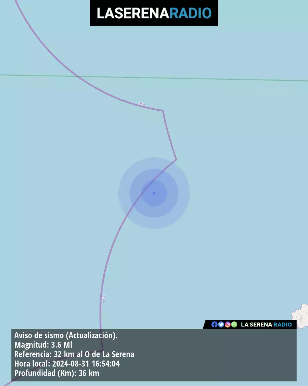 Sismo de menor intensidad a 32 kilómetros al oeste de La Serena