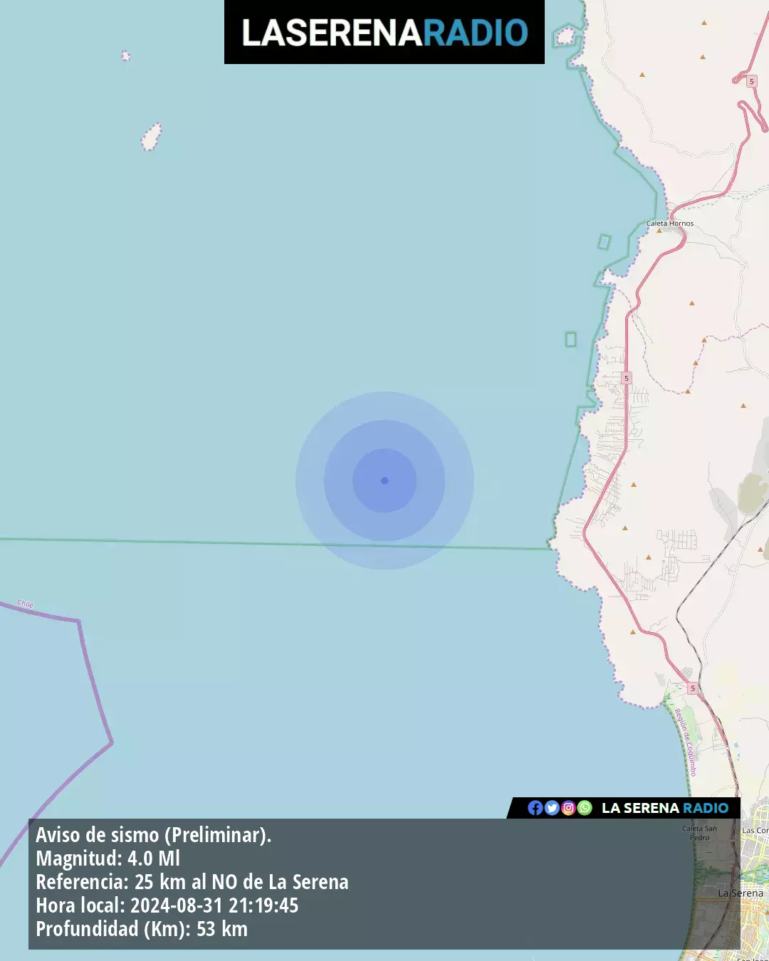 Sismo de mediana intensidad a 25 kilómetros al noroeste de La Serena