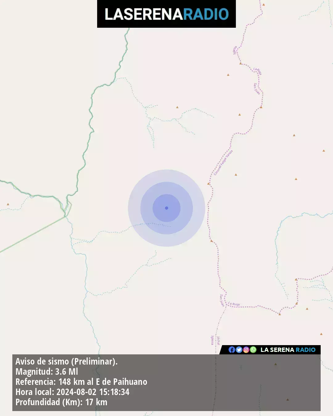 Sismo de menor intensidad a 148 kilómetros al este de Paihuano