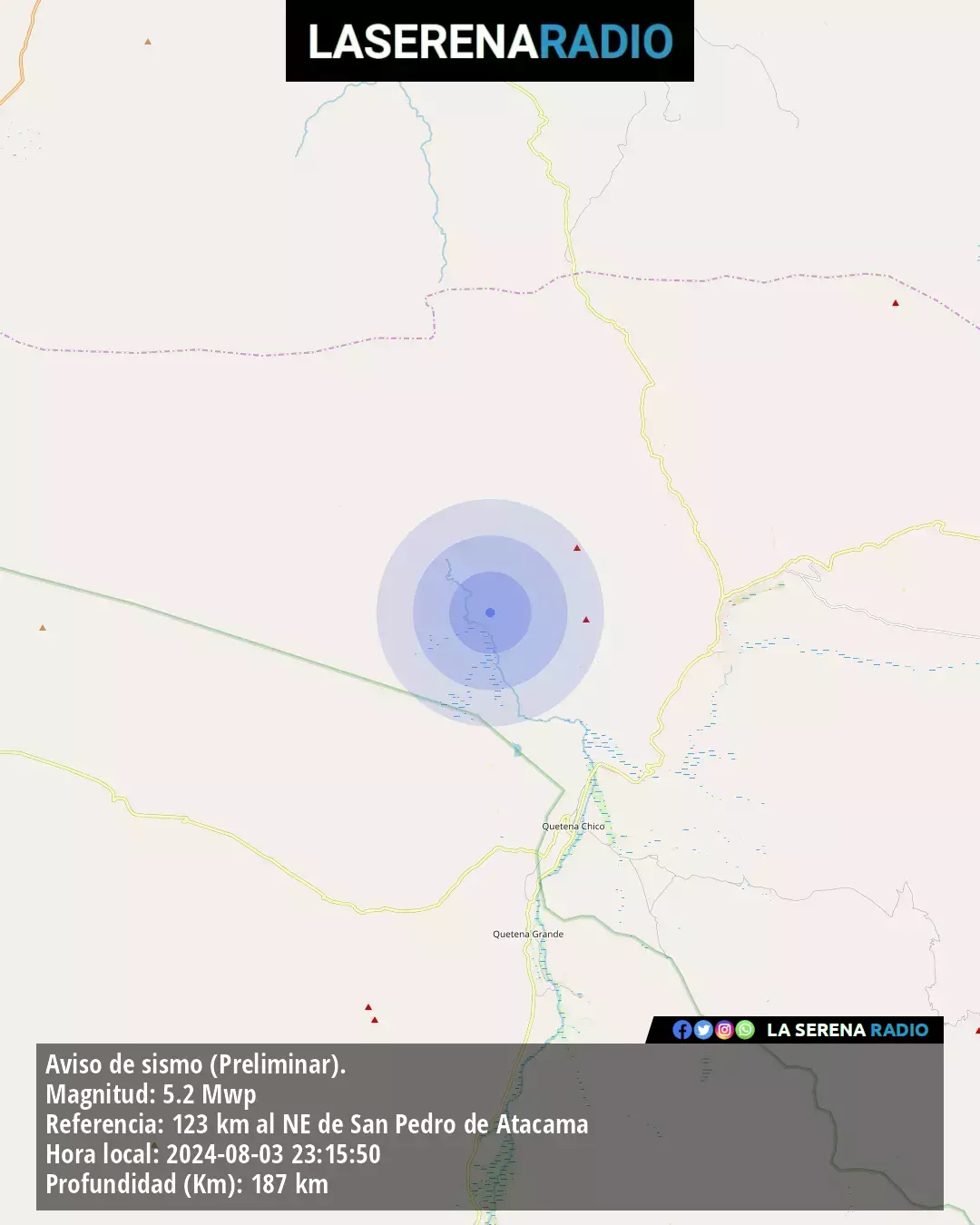 Sismo de mediana intensidad a 123 kilómetros al noreste de San Pedro de Atacama