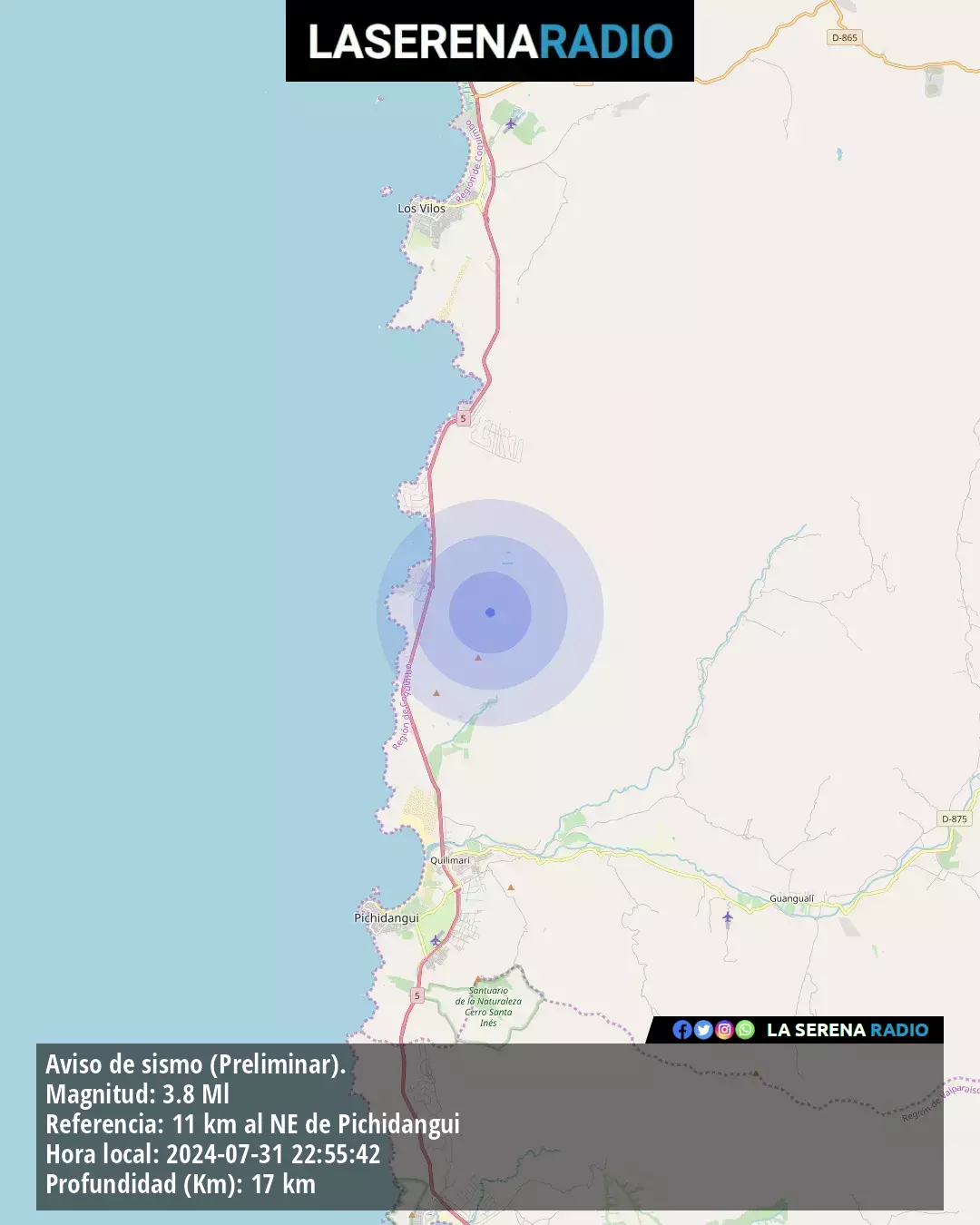 Sismo de menor intensidad a 11 kilómetros al noreste de Pichidangui