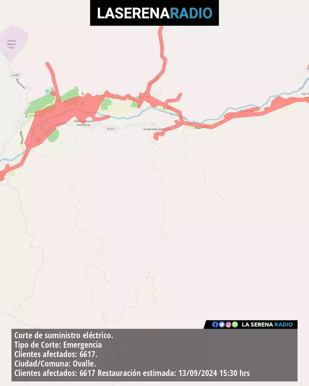 Corte de suministro eléctrico afecta a 6617 clientes en Ovalle