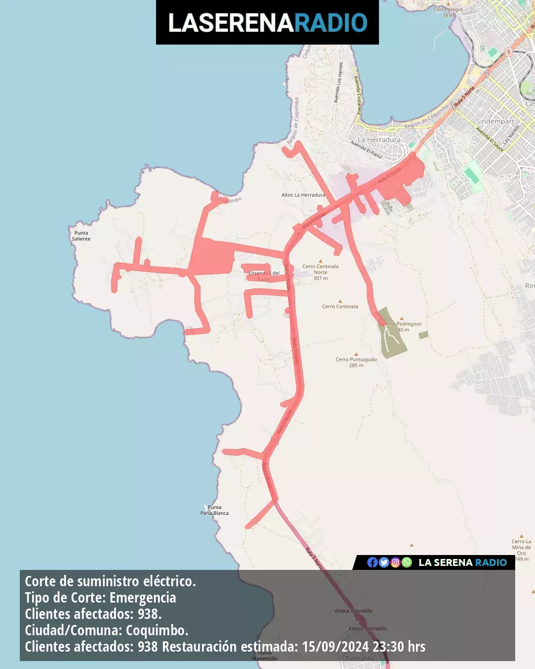 Corte de suministro eléctrico afecta a 938 clientes en Coquimbo