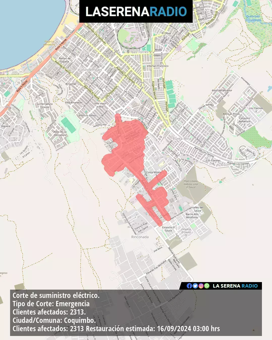 Corte de suministro eléctrico afecta a 2313 clientes en Coquimbo