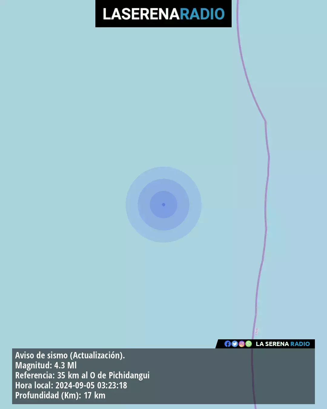 Sismo de mediana intensidad a 35 kilómetros al oeste de Pichidangui