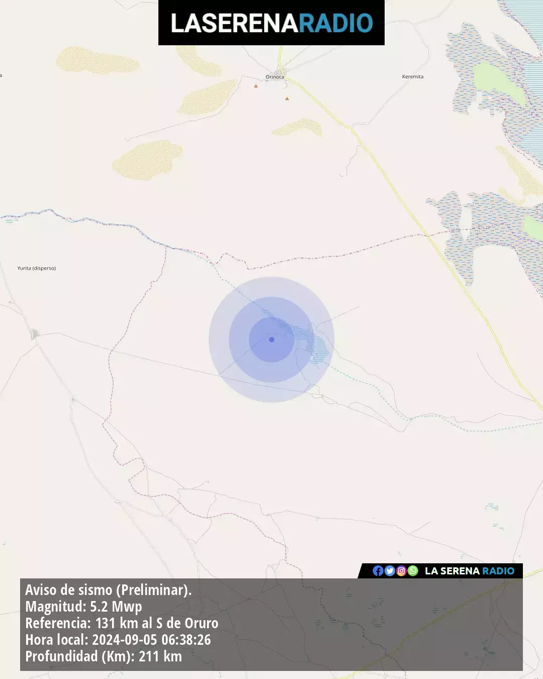 Sismo de mediana intensidad a 131 kilómetros al sur de Oruro