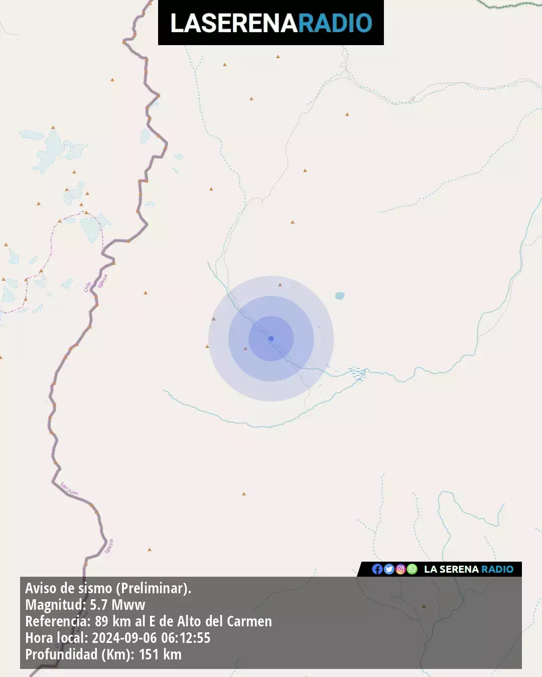 Sismo de mediana intensidad a 89 kilómetros al este de Alto del Carmen