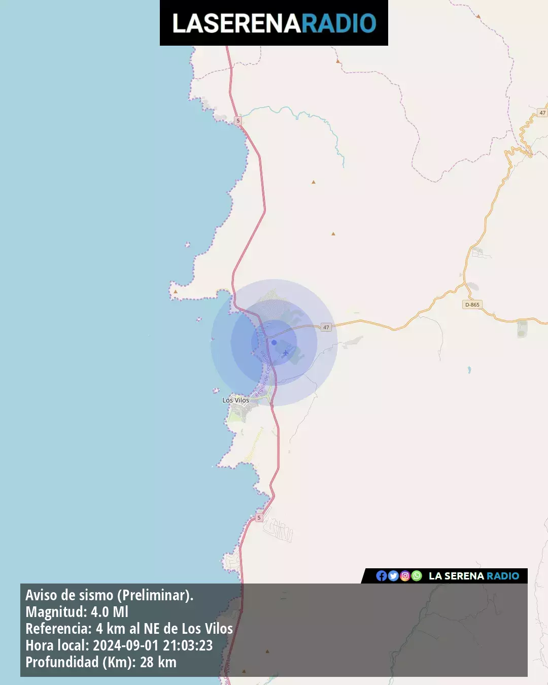 Sismo de mediana intensidad a 4 kilómetros al noreste de Los Vilos