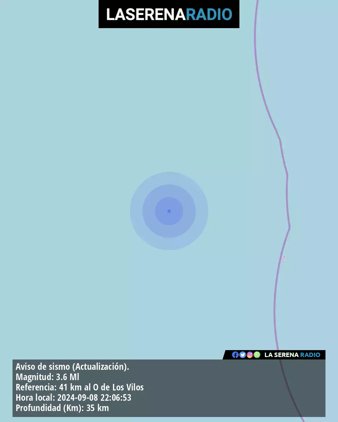 Sismo de menor intensidad a 41 kilómetros al oeste de Los Vilos