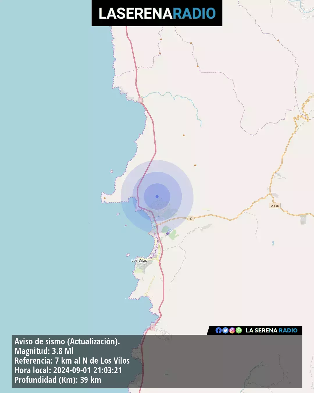 Sismo de menor intensidad a 7 kilómetros al norte de Los Vilos