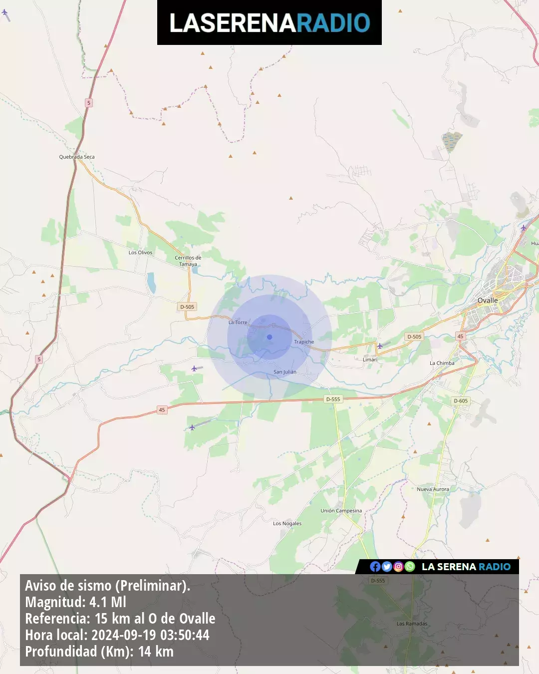 Sismo de mediana intensidad a 15 kilómetros al oeste de Ovalle