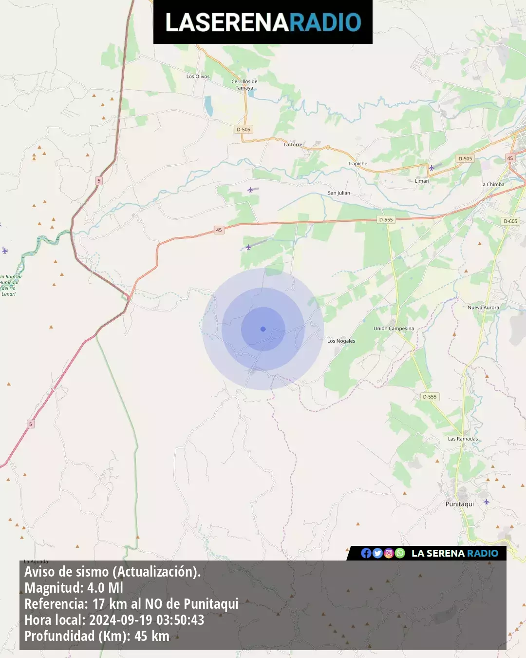 Sismo de mediana intensidad a 17 kilómetros al noroeste de Punitaqui