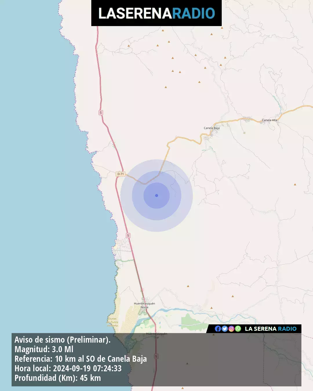 Sismo de menor intensidad a 10 kilómetros al suroeste de Canela Baja