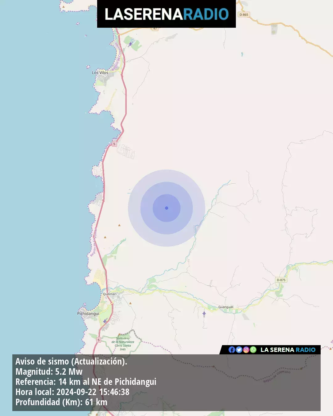 Sismo de mediana intensidad a 14 kilómetros al noreste de Pichidangui