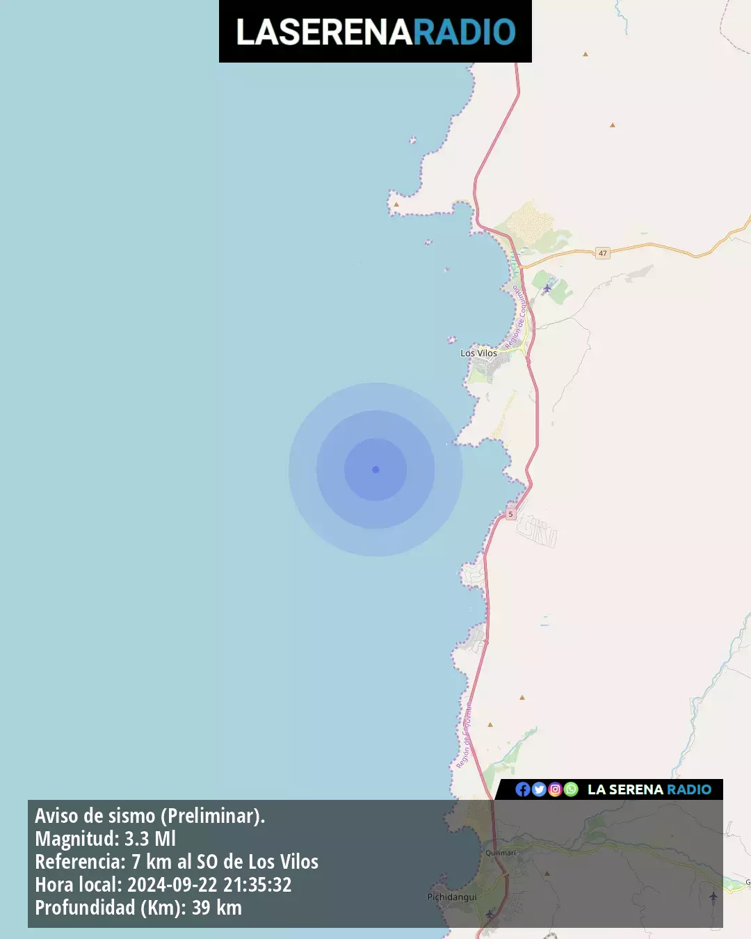 Sismo de menor intensidad a 7 kilómetros al suroeste de Los Vilos