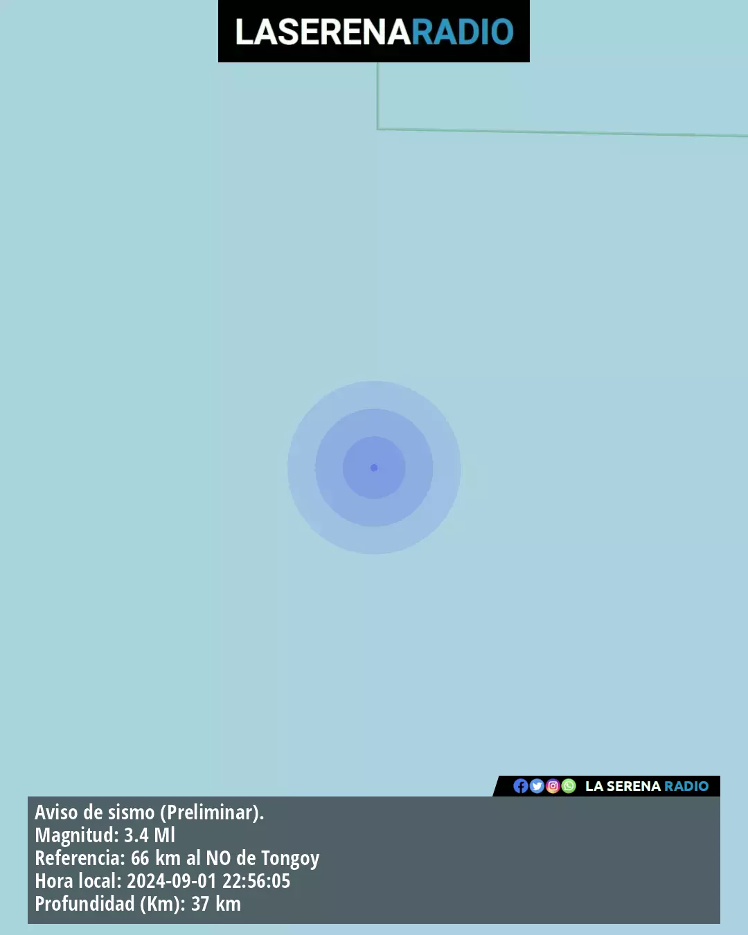 Sismo de menor intensidad a 66 kilómetros al noroeste de Tongoy