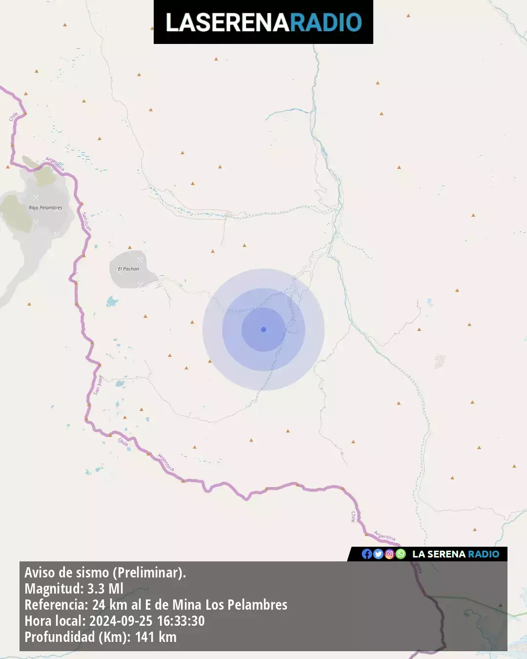 Sismo de menor intensidad a 24 kilómetros al este de Mina Los Pelambres