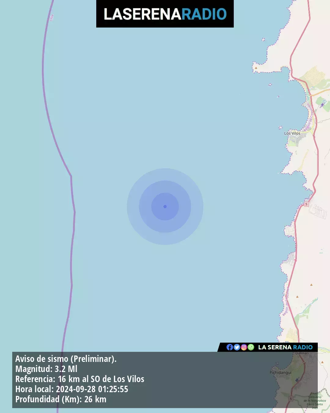 Sismo de menor intensidad a 16 kilómetros al suroeste de Los Vilos