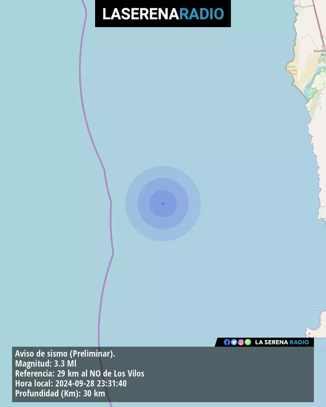 Sismo de menor intensidad a 29 kilómetros al noroeste de Los Vilos