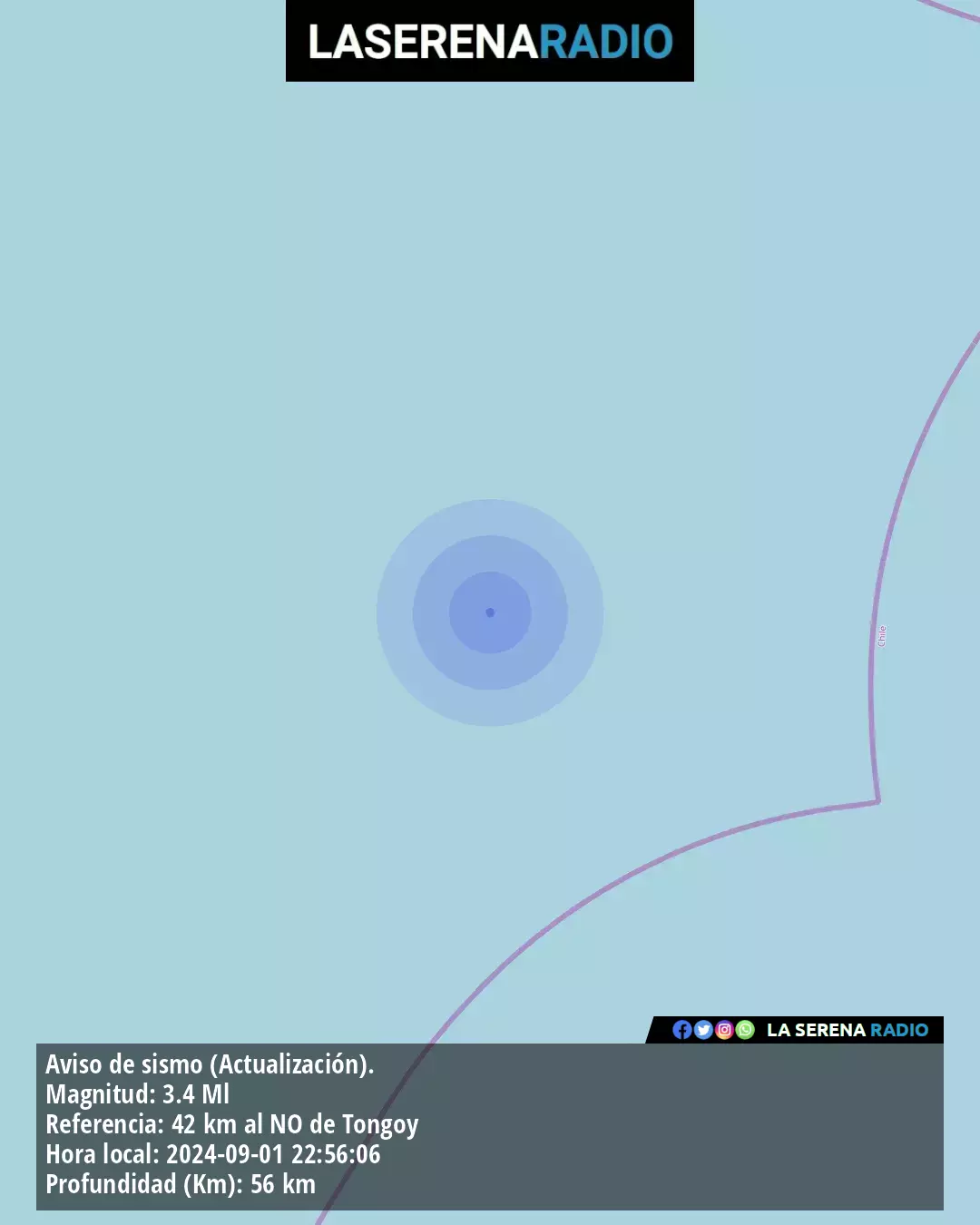 Sismo de menor intensidad a 42 kilómetros al noroeste de Tongoy