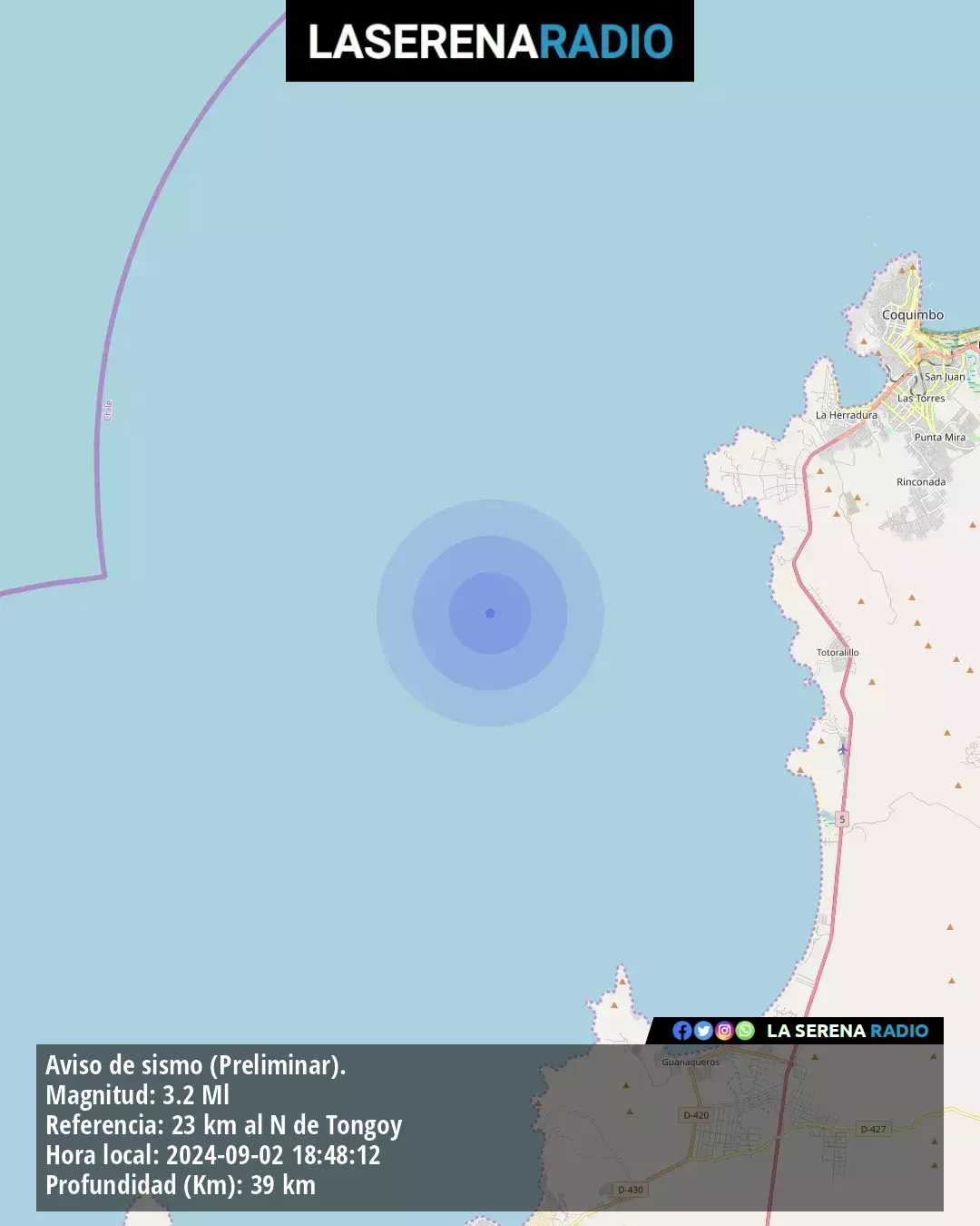 Sismo de menor intensidad a 23 kilómetros al norte de Tongoy