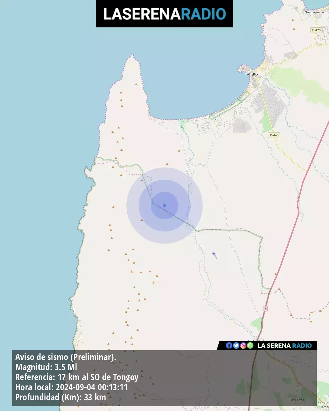 Sismo de menor intensidad a 17 kilómetros al suroeste de Tongoy