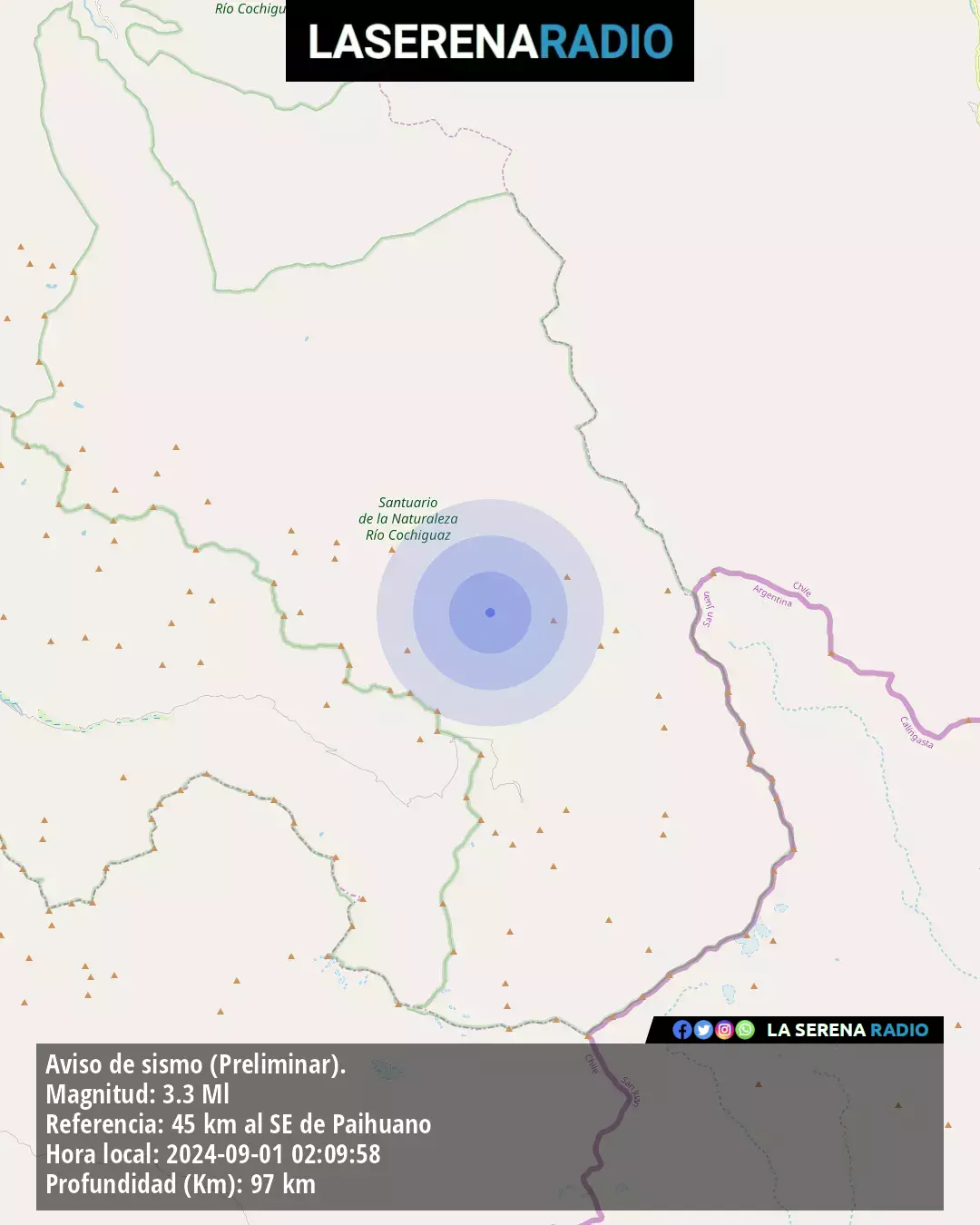 Sismo de menor intensidad a 45 kilómetros al sureste de Paihuano