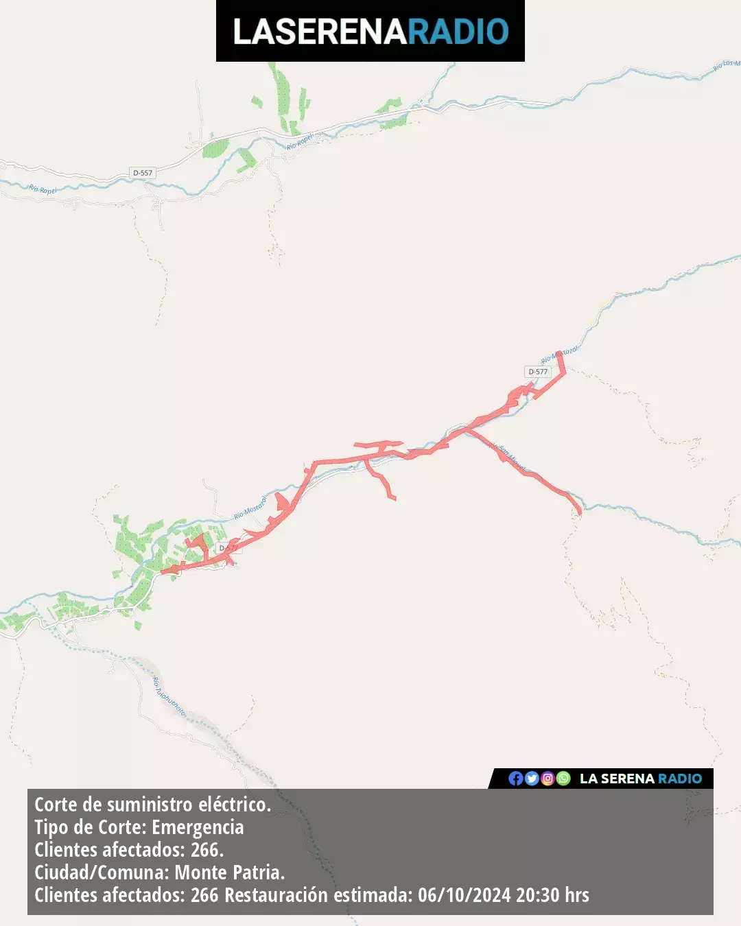 Corte de suministro eléctrico afecta a 266 clientes en Monte Patria