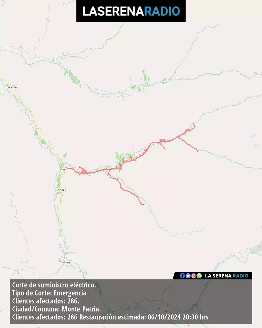 Corte de suministro eléctrico afecta a 286 clientes en Monte Patria