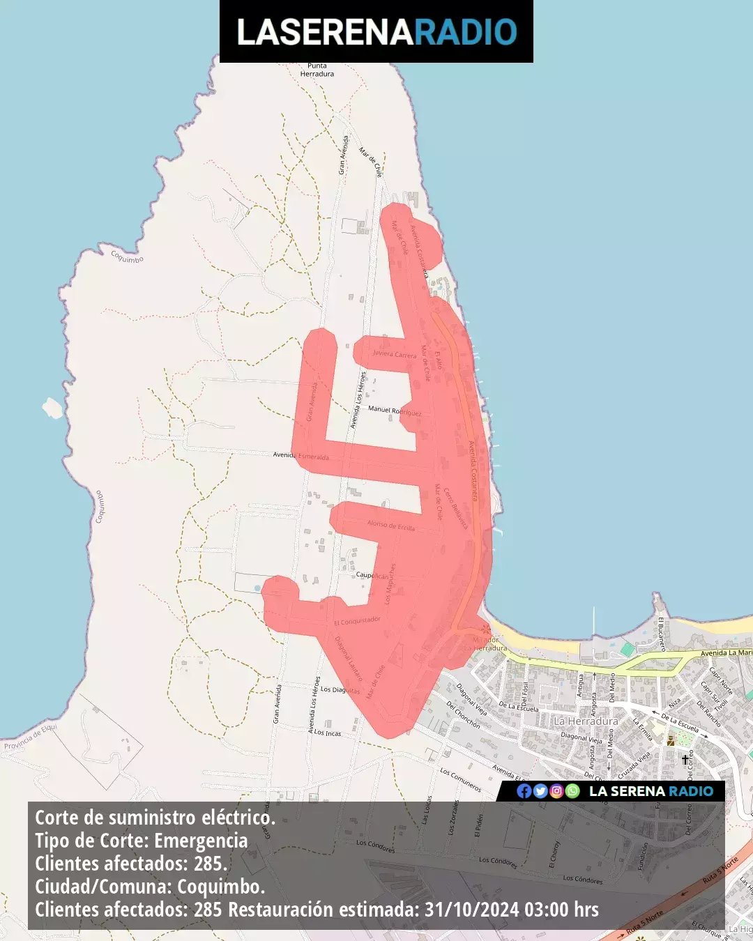 Corte de suministro eléctrico afecta a 285 clientes en Coquimbo