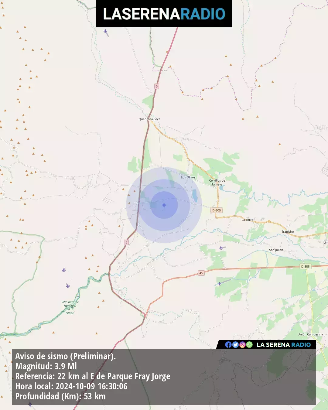 Sismo de menor intensidad a 22 kilómetros al este de Parque Fray Jorge