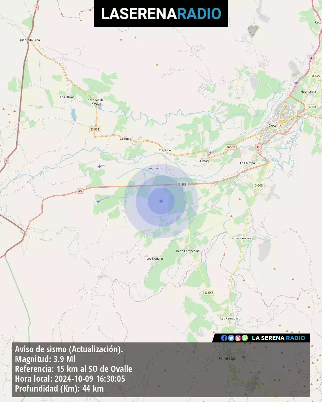 Sismo de menor intensidad a 15 kilómetros al suroeste de Ovalle