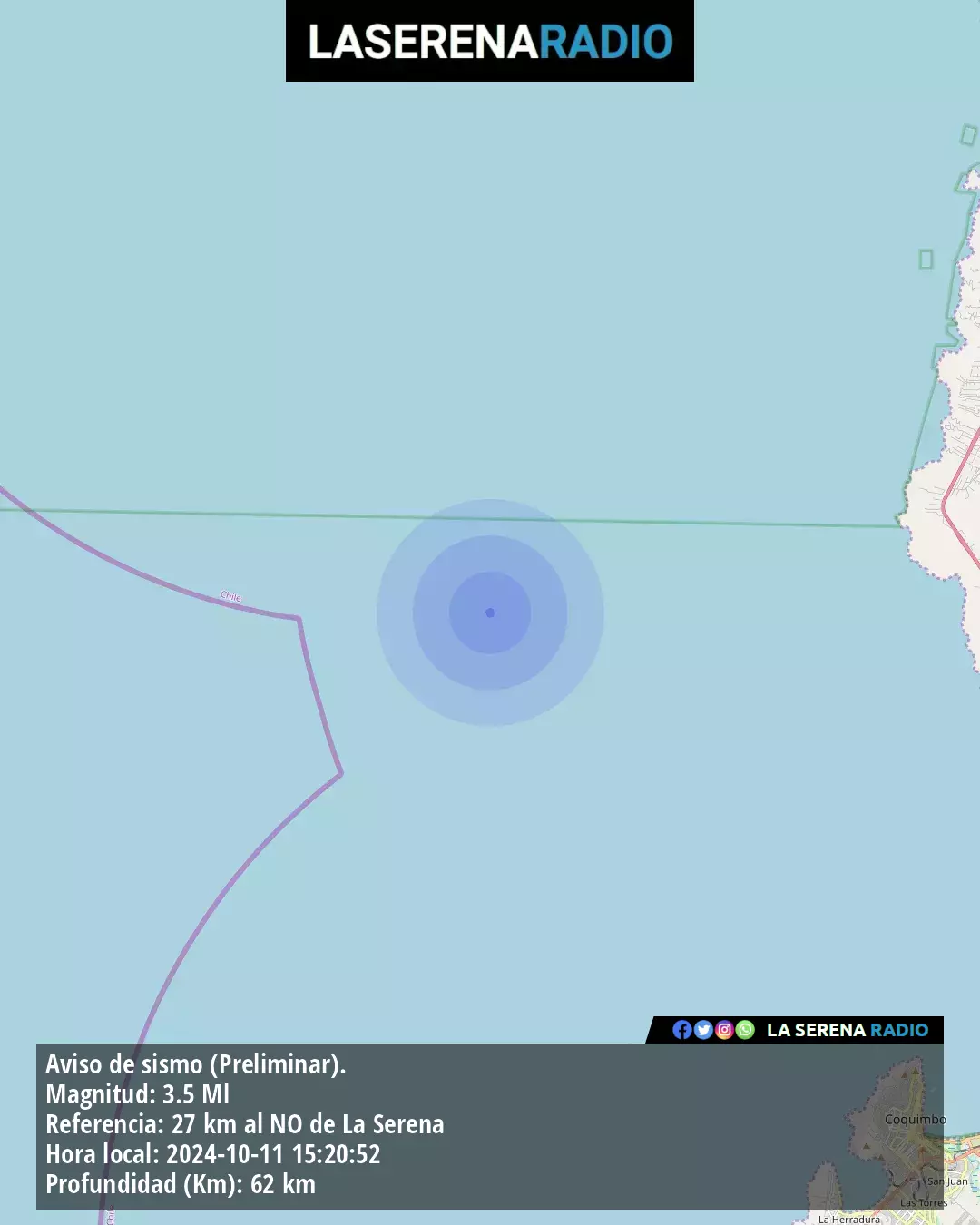 Sismo de menor intensidad a 27 kilómetros al noroeste de La Serena