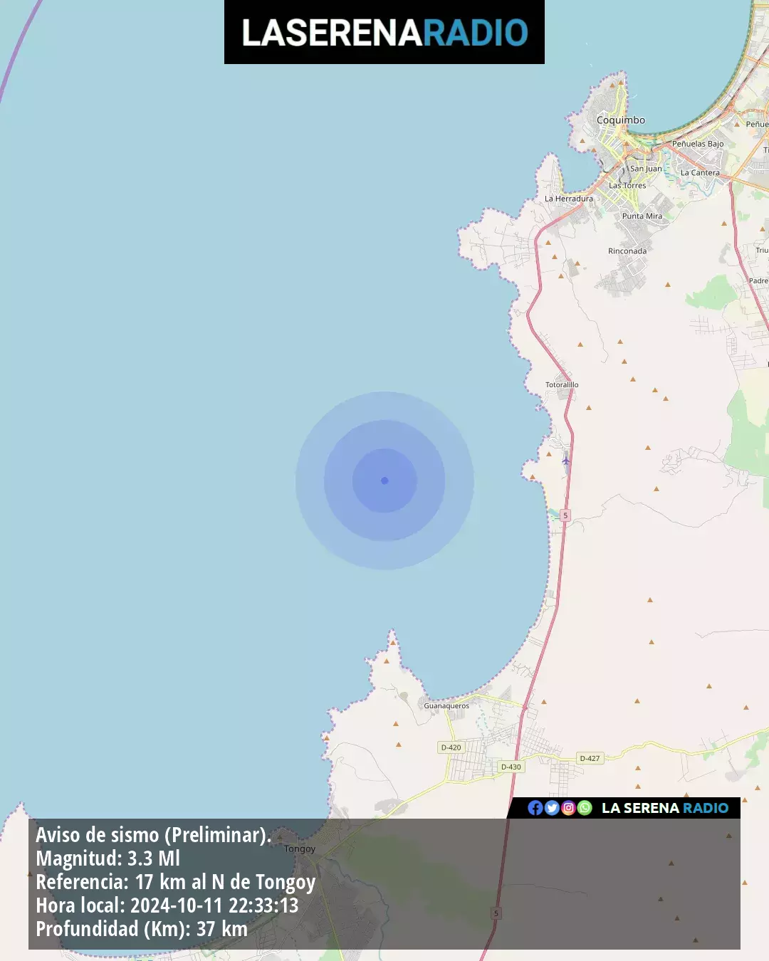 Sismo de menor intensidad a 17 kilómetros al norte de Tongoy