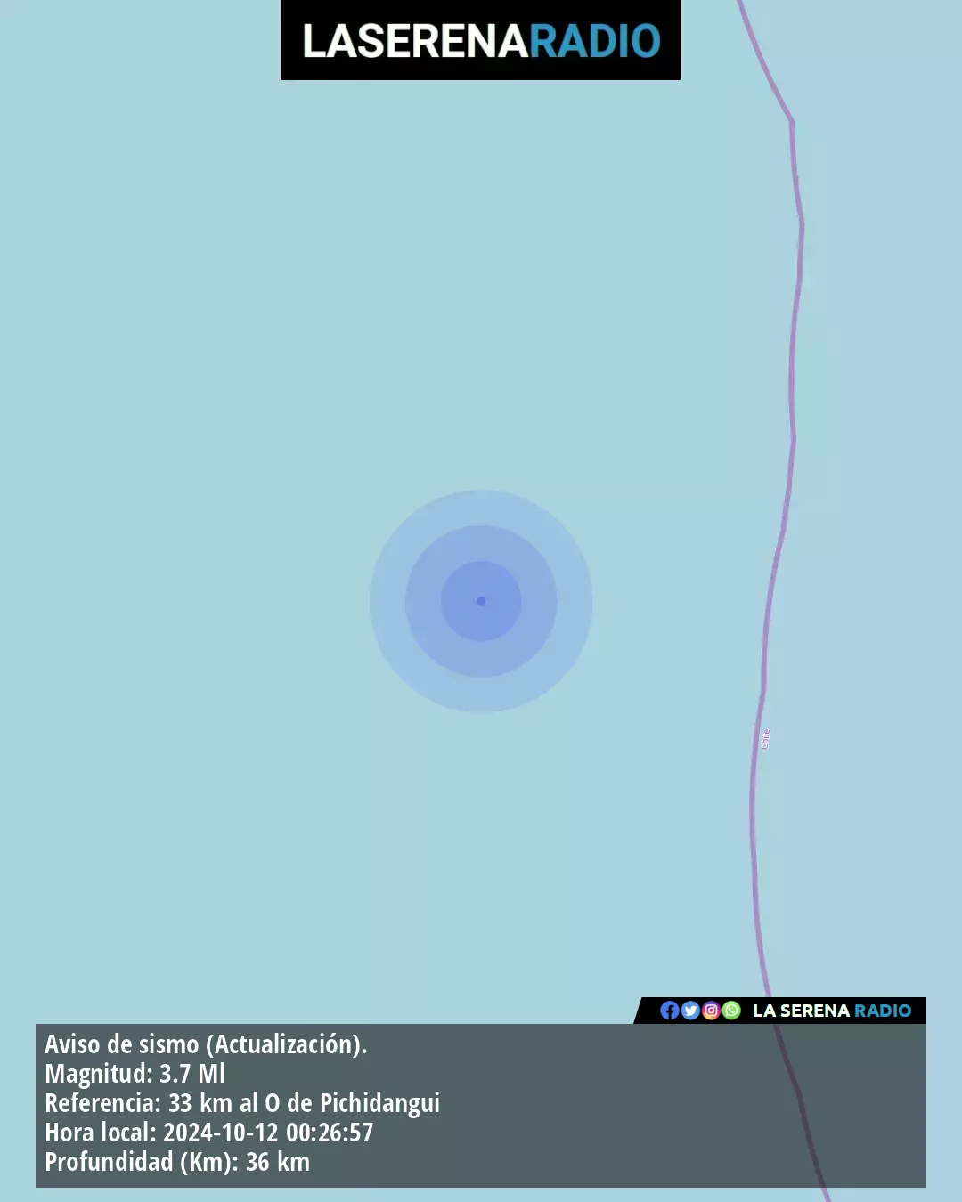 Sismo de menor intensidad a 33 kilómetros al oeste de Pichidangui